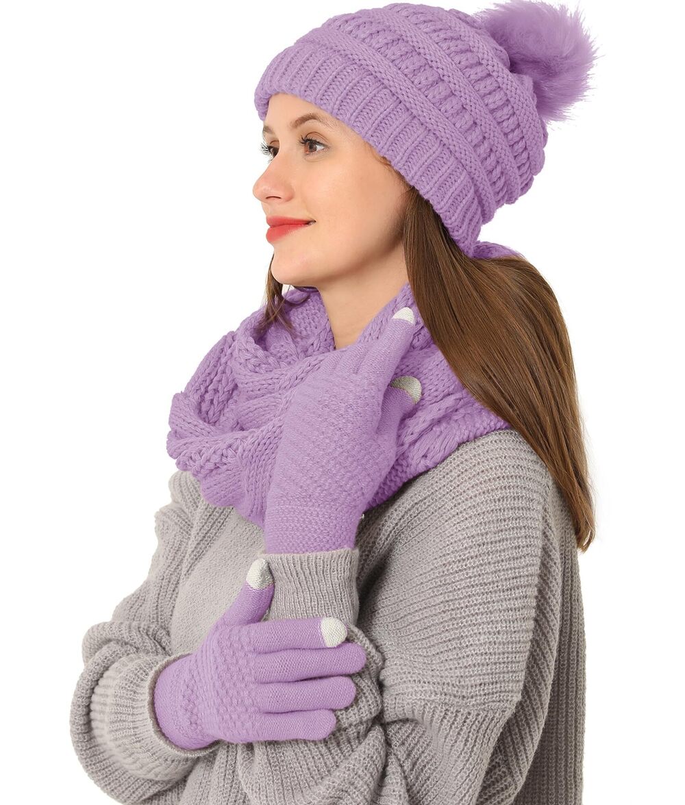 2630 3pcs Winter Beanie Hat Scarf and Touch Screen Gloves Set Knit Hat